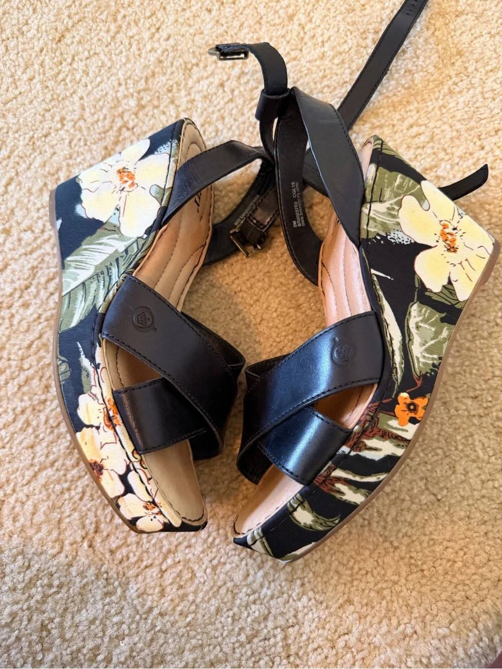 Born Black Leather Floral Wedge Sandals with Ankle Strap